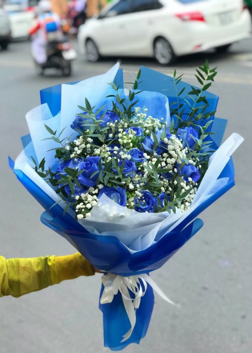 Bó hồng xanh blue và babi