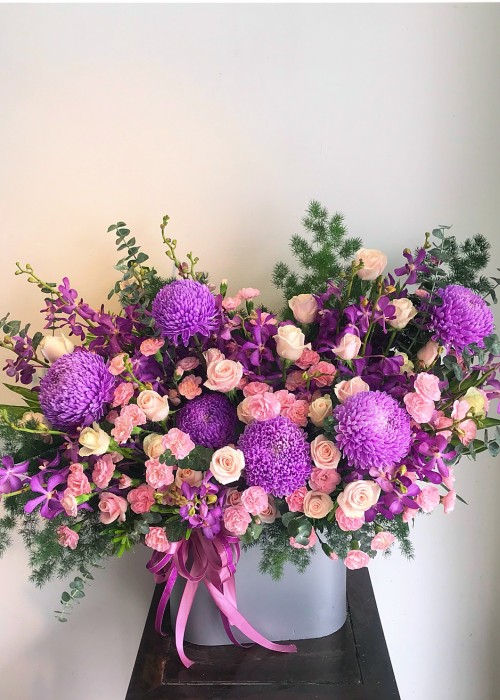 Cúc mẫu đơn tím và hoa hồng