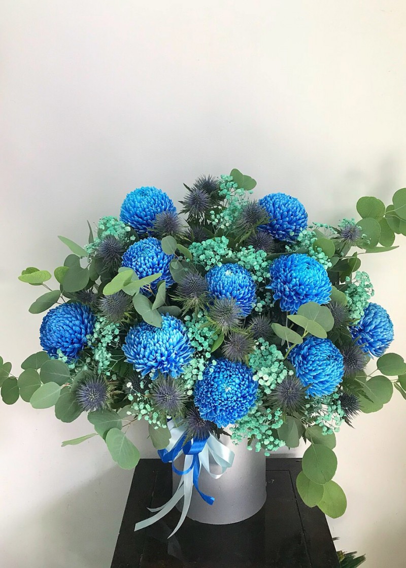 Hộp hoa cúc mẫu đơn xanh blue